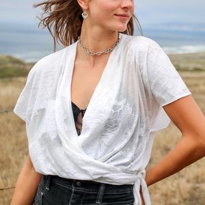 White Floral Sheerish Wrap Shirt